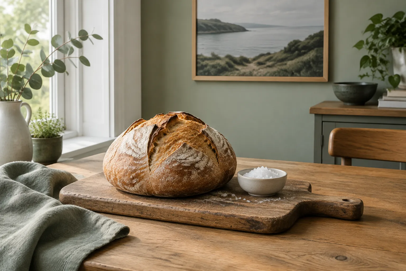 A round loaf on a wooden board beside a small dish of salt.