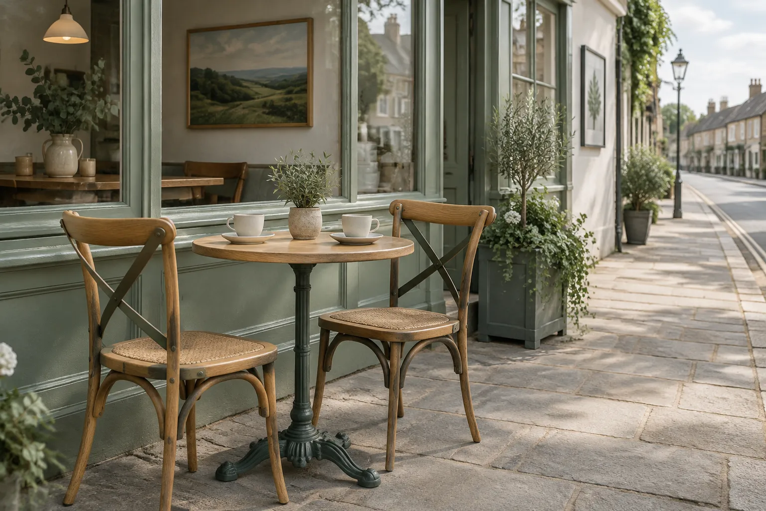 An empty cafe table for two on a quiet high street.