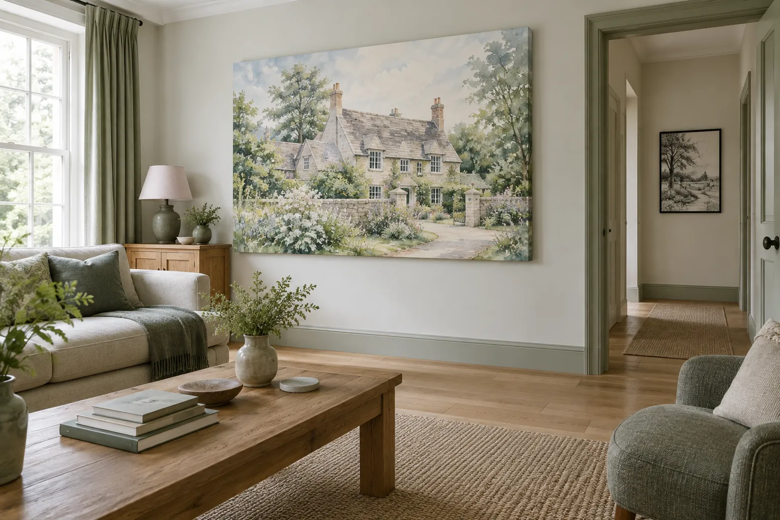 A large canvas house picture in a living room and a smaller framed one in the hall beyond.