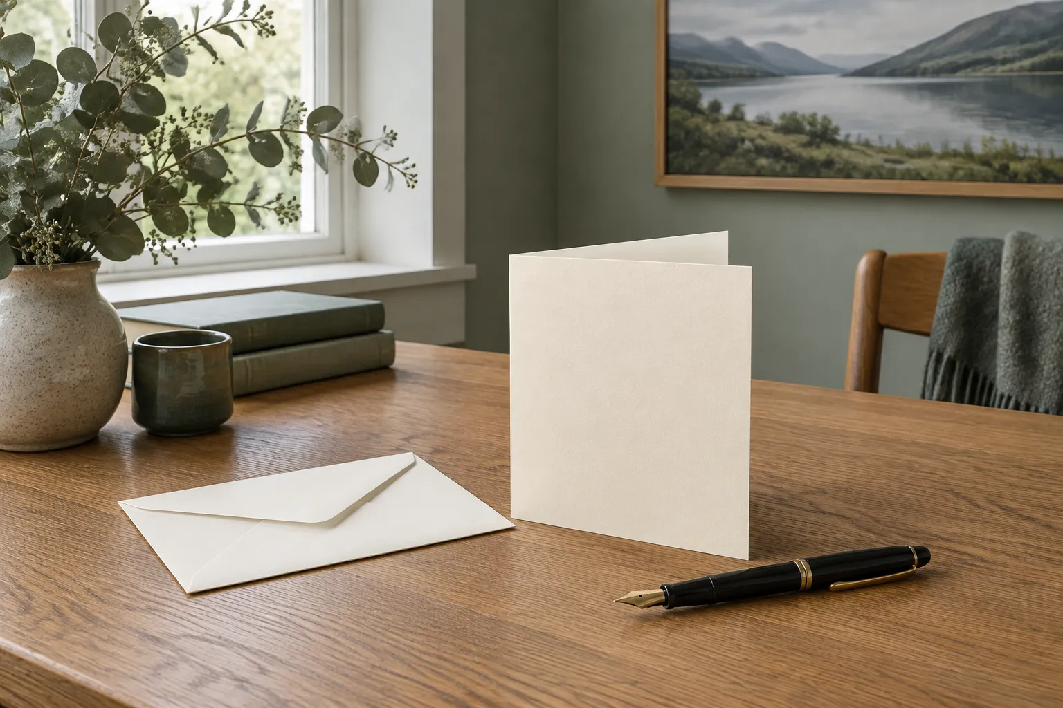 A blank folded card, a plain envelope and a fountain pen on an oak table.