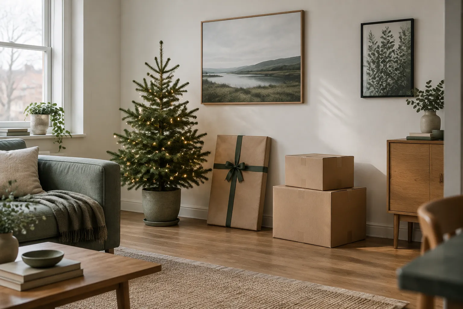 A flat wrapped parcel leaning by a small lit fir tree in a newly moved-into room.