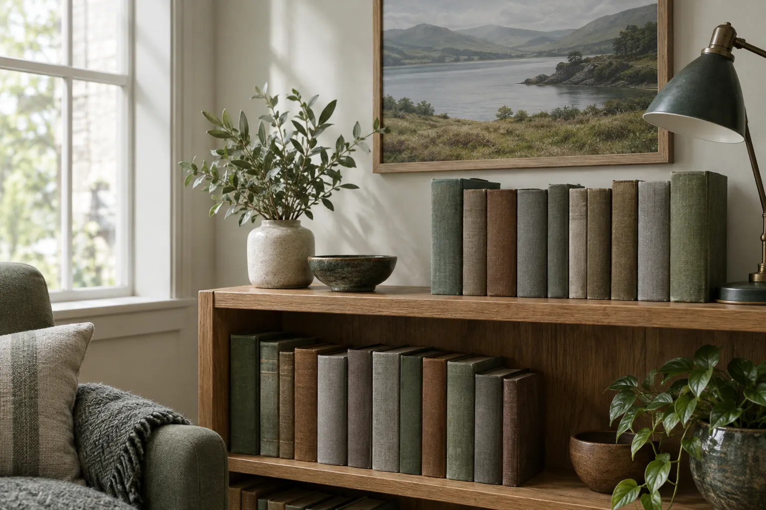 A shelf of old cloth-bound books with plain spines.