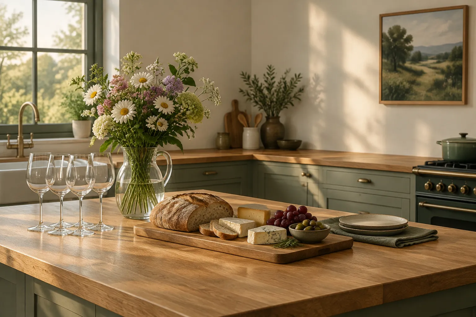 A kitchen counter laid with glasses, flowers and a board of bread and cheese.