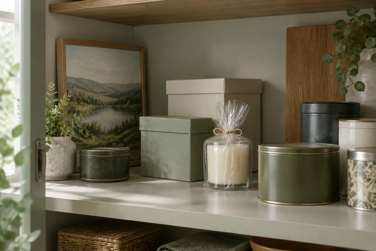 Unopened gift boxes and a wrapped candle pushed to the back of a cupboard shelf.