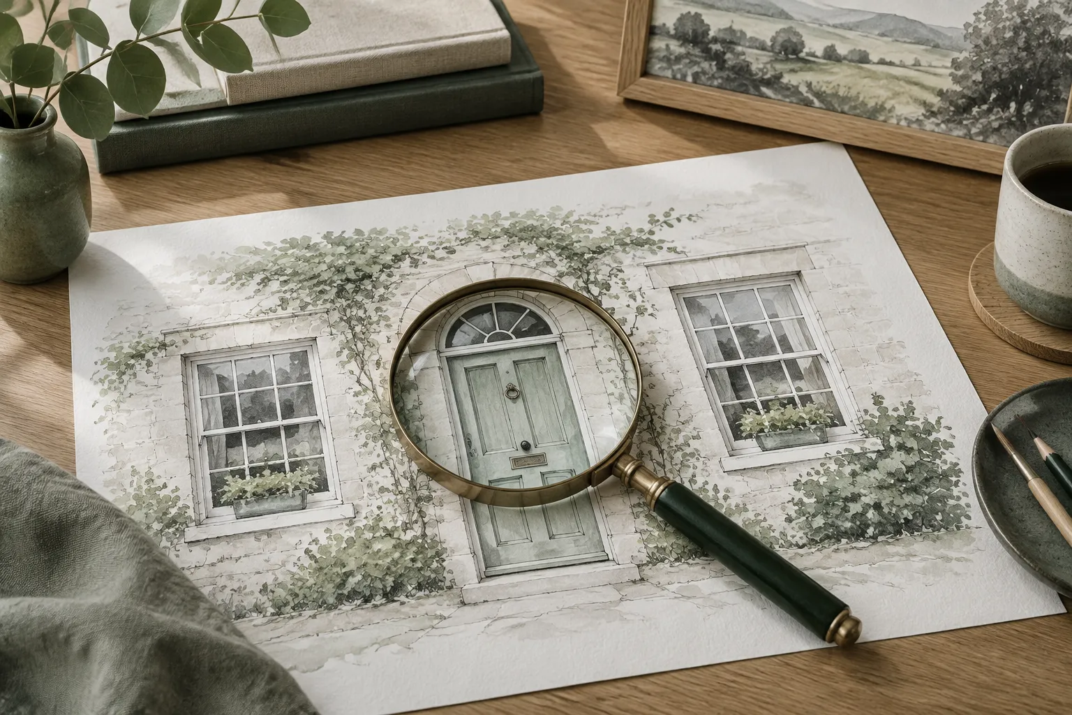 Close view of a house illustration's door and windows under a magnifying glass.