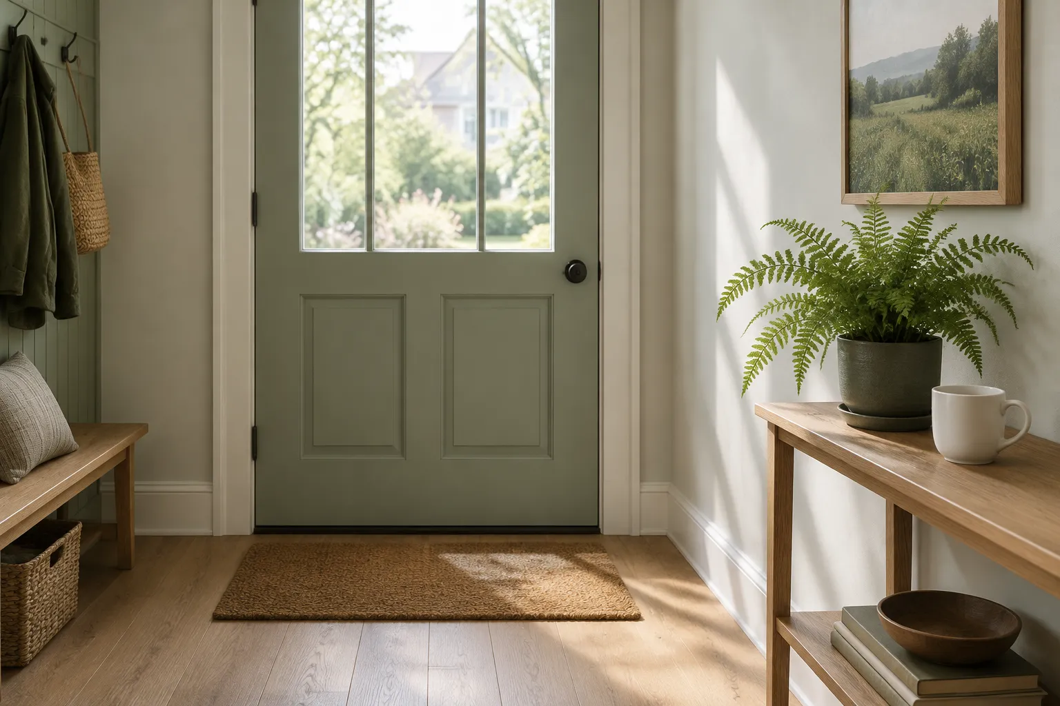 A plain coir doormat inside a front door with a white mug on the hall shelf.