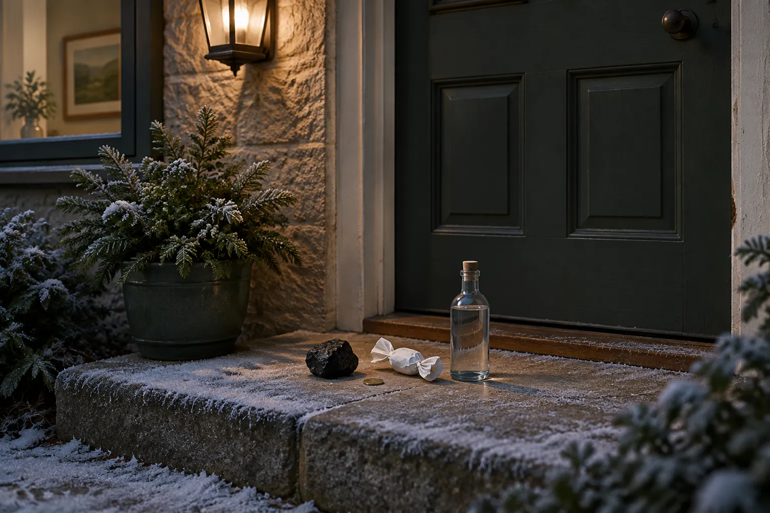 A lump of coal, a coin, salt and a bottle on a frosty doorstep at night.