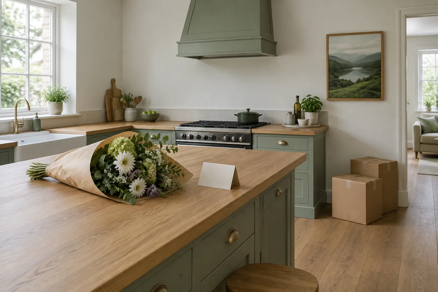 Flowers in brown paper and a blank card on a kitchen worktop.