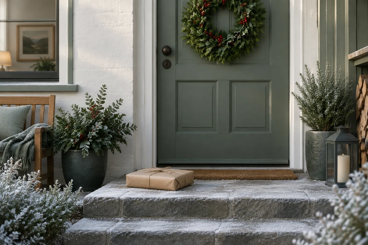 A flat brown-paper parcel on a frosty doorstep below a holly wreath.