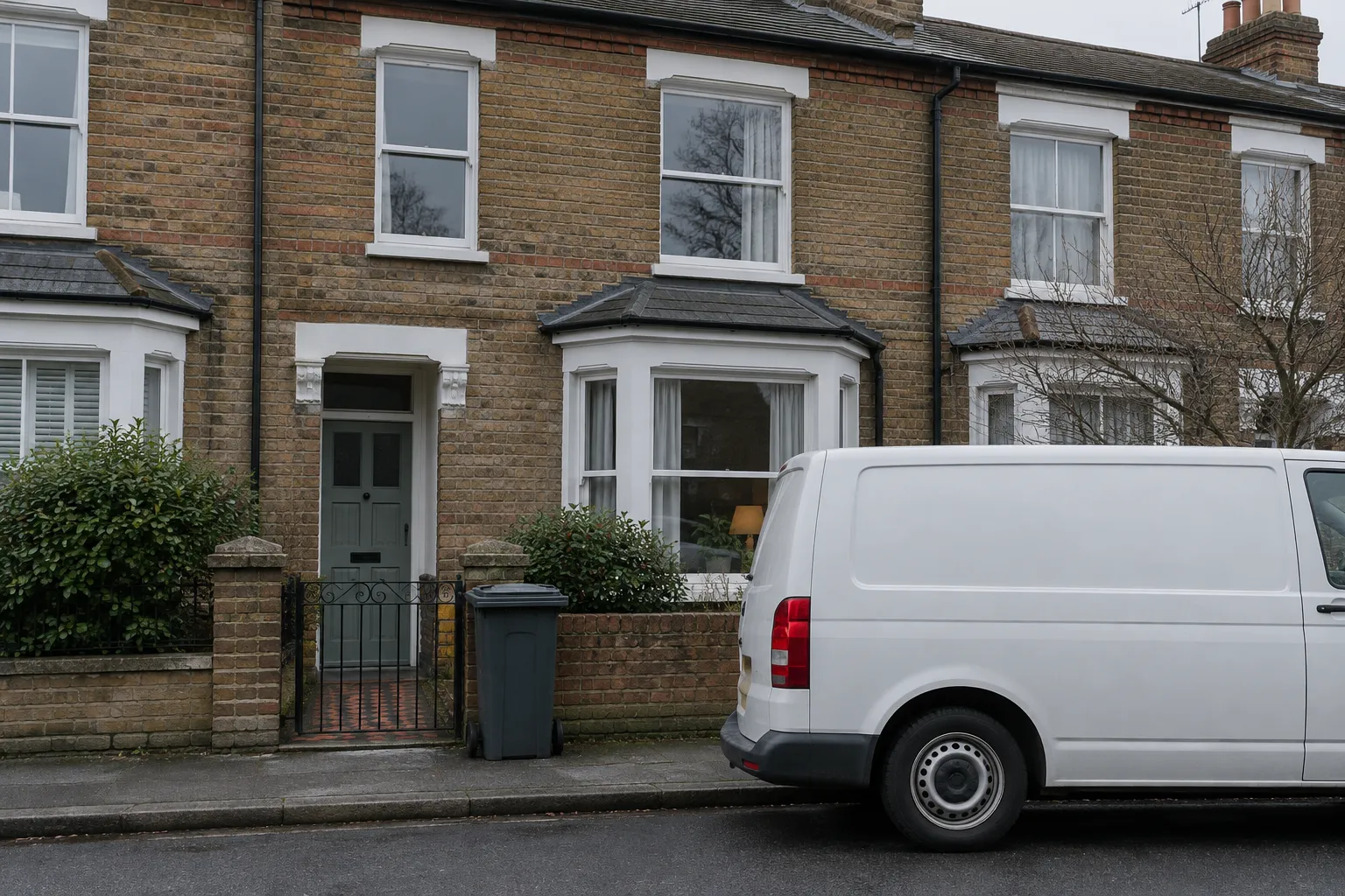 A terraced house on a grey day with a wheelie bin and a parked van outside.