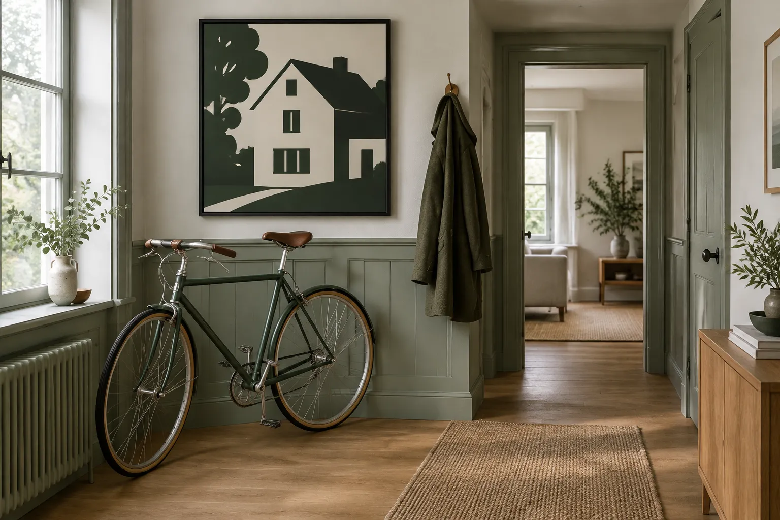 A black framed house picture in a hallway above a leaning bicycle.