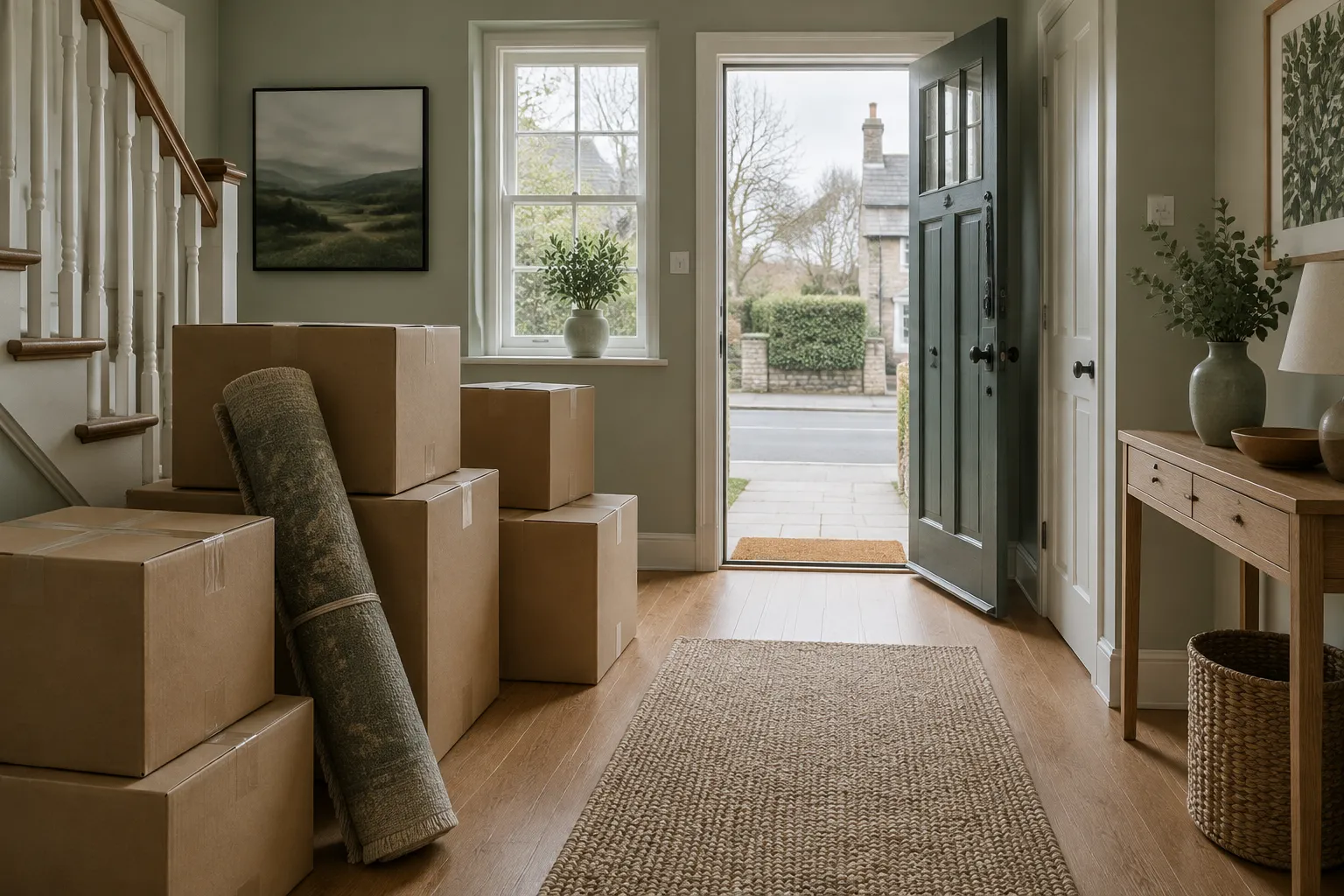 Sealed moving boxes and a rolled rug stacked in a hallway by the open door.