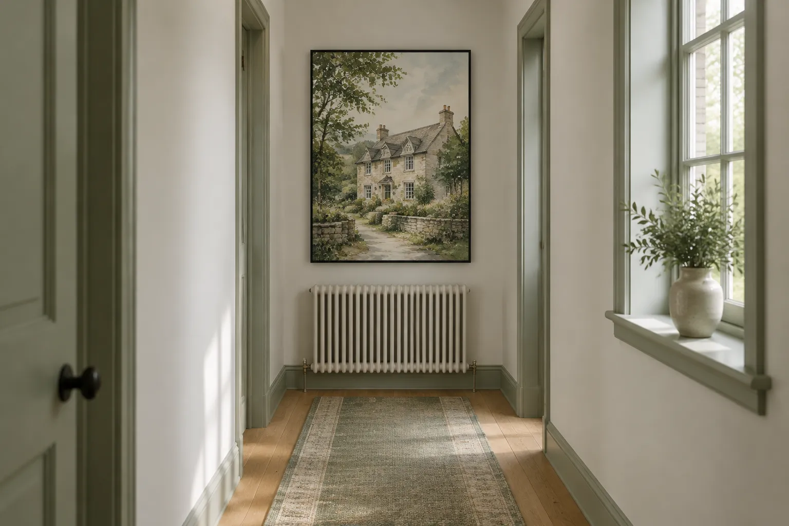 A black framed house illustration hung at eye level in a narrow hallway.