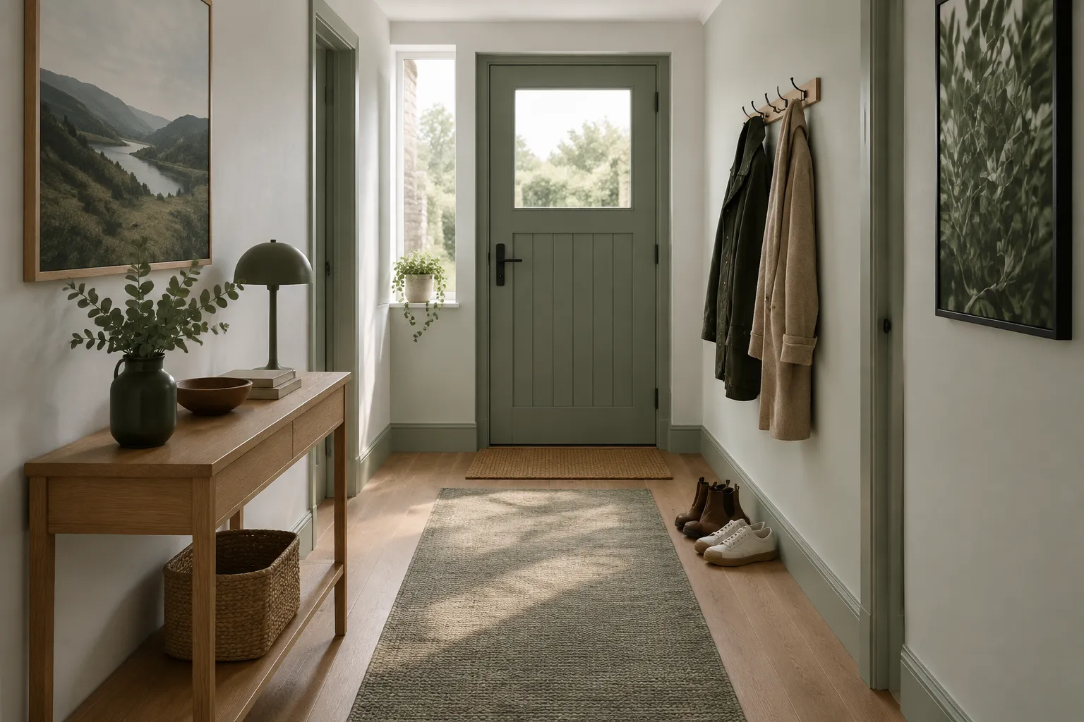 A hallway with two pairs of shoes and two coats by the door of a newly shared home.