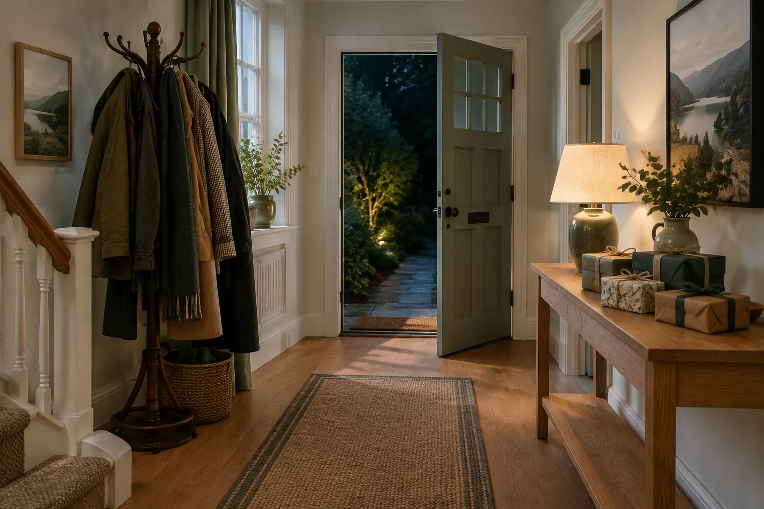 A hall table with wrapped gifts and a full coat stand on a housewarming evening.