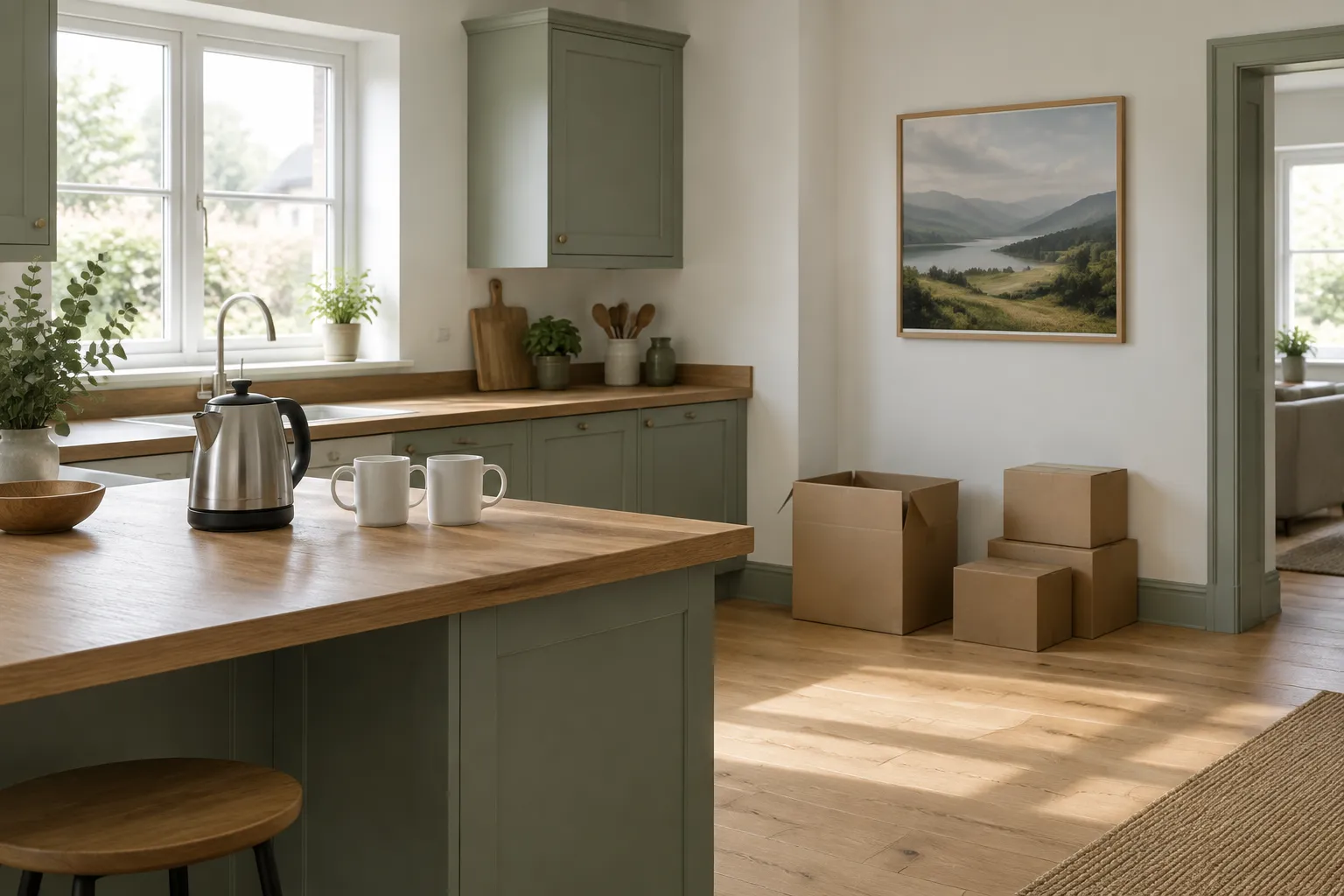 A kettle and two mugs on a kitchen worktop beside moving boxes.