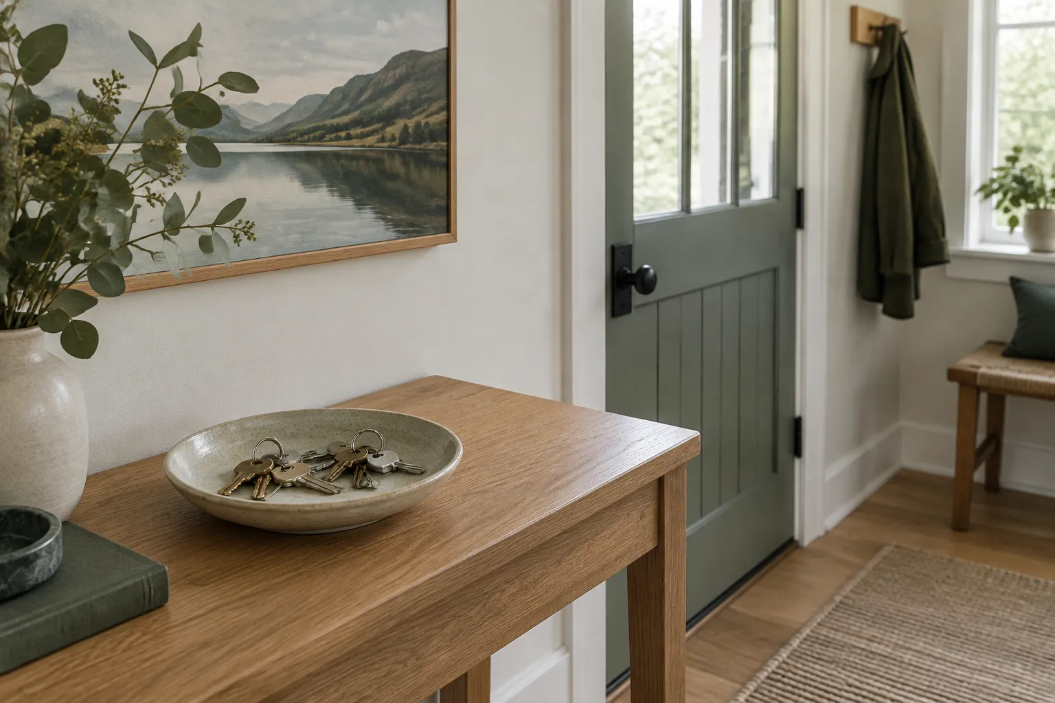 A bowl on a hall table holding several sets of house keys.