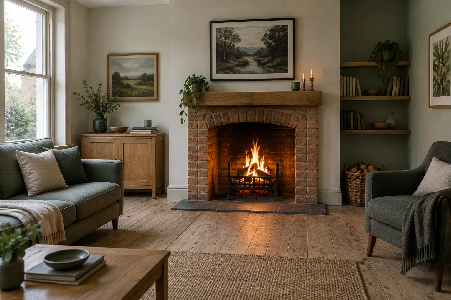 A freshly lit fire in an old brick fireplace in a bare room.