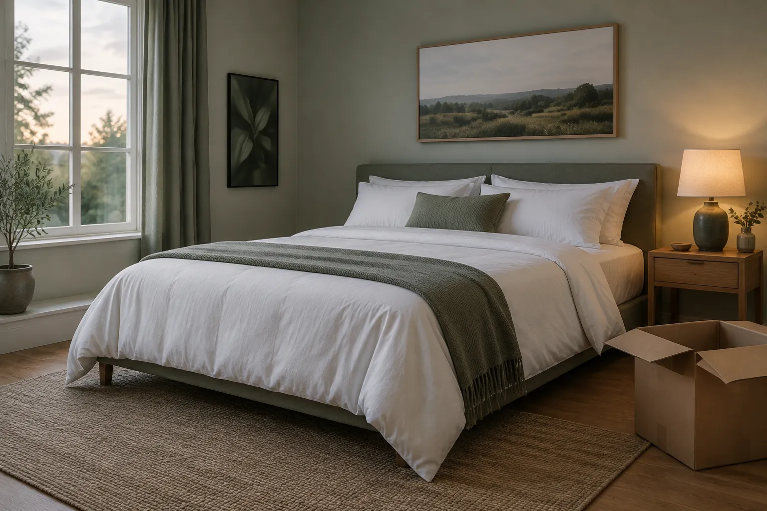 A freshly made bed in an empty bedroom beside one opened box.