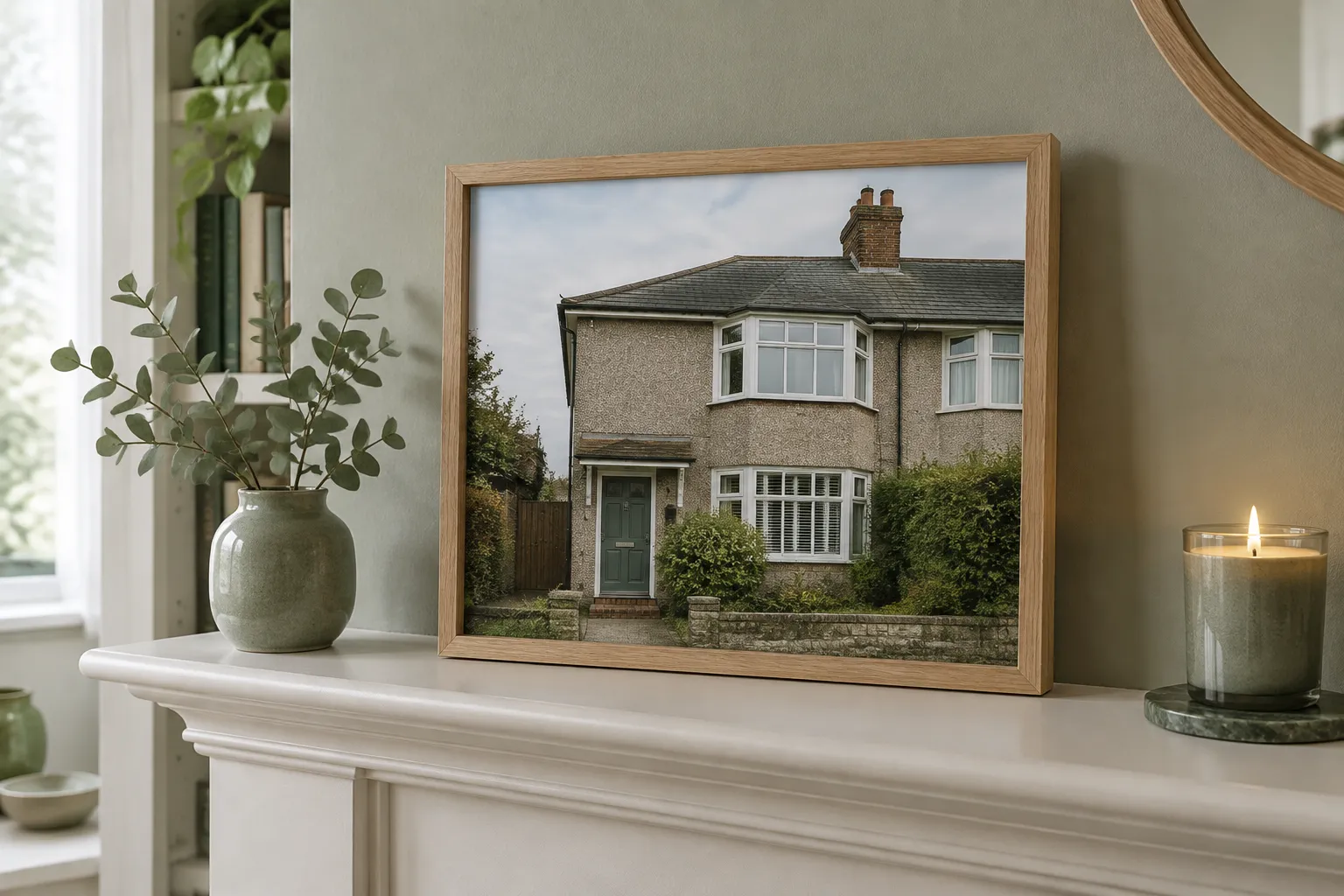A framed photograph of a house front standing on a mantelpiece.