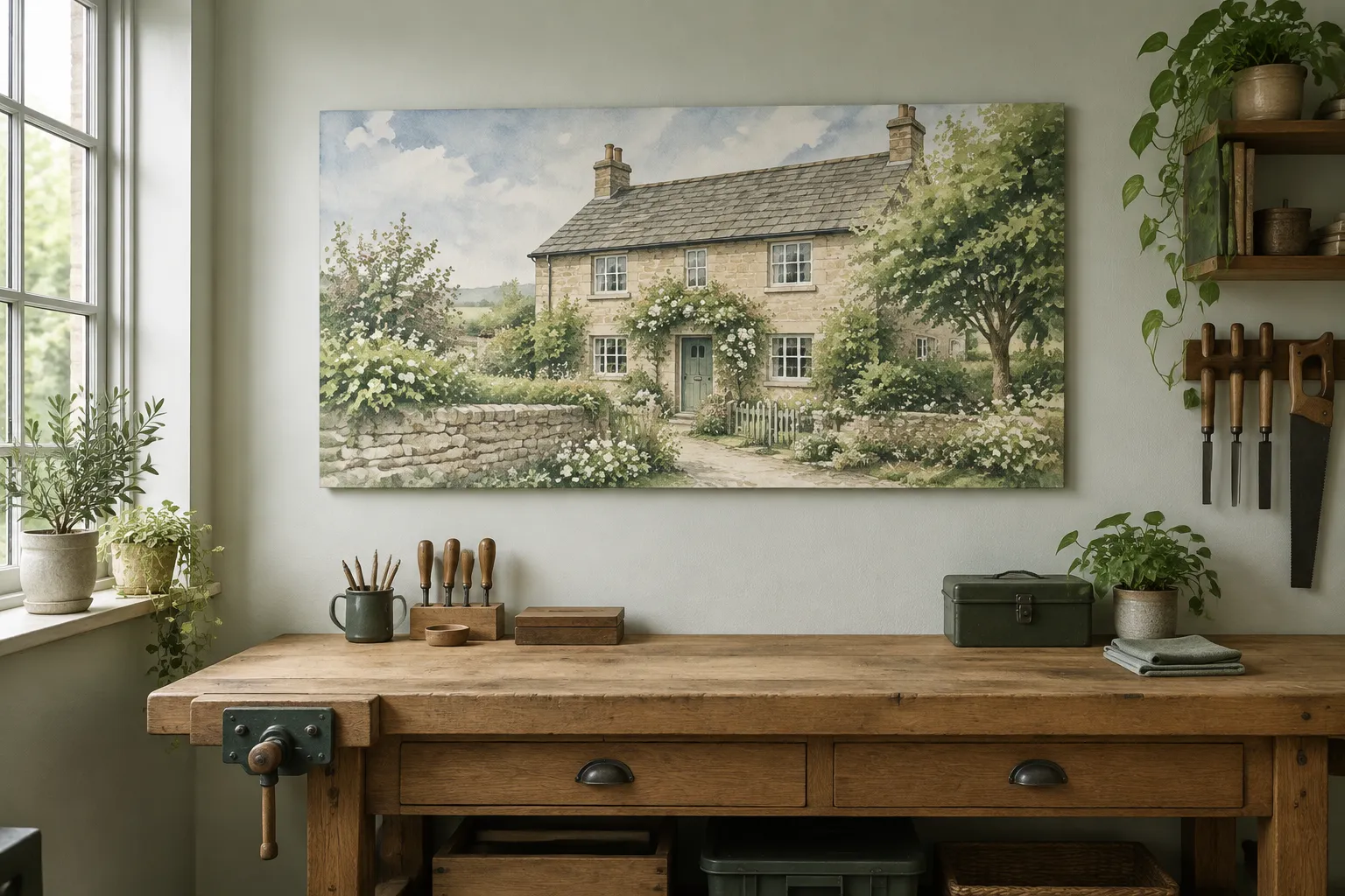 A metal panel house picture hung flush on a workshop wall above a bench.
