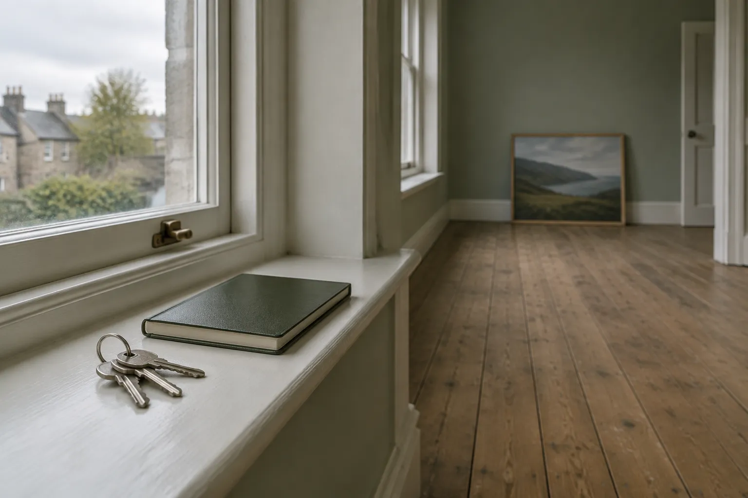 Keys and a notebook on the windowsill of an emptied room on moving-out day.