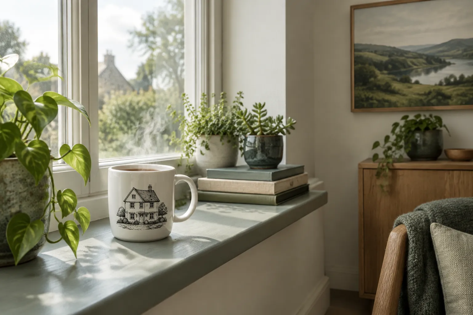 A white mug with a bold ink drawing of a house on its side.