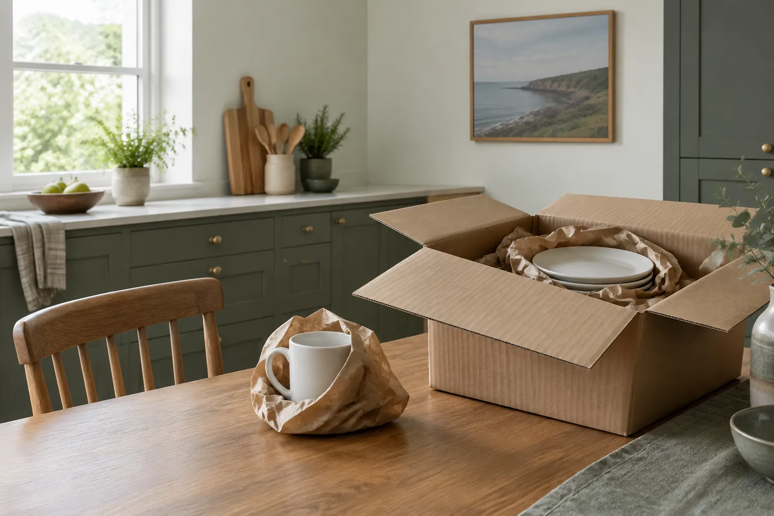 A white mug half wrapped in packing paper beside an open moving box.