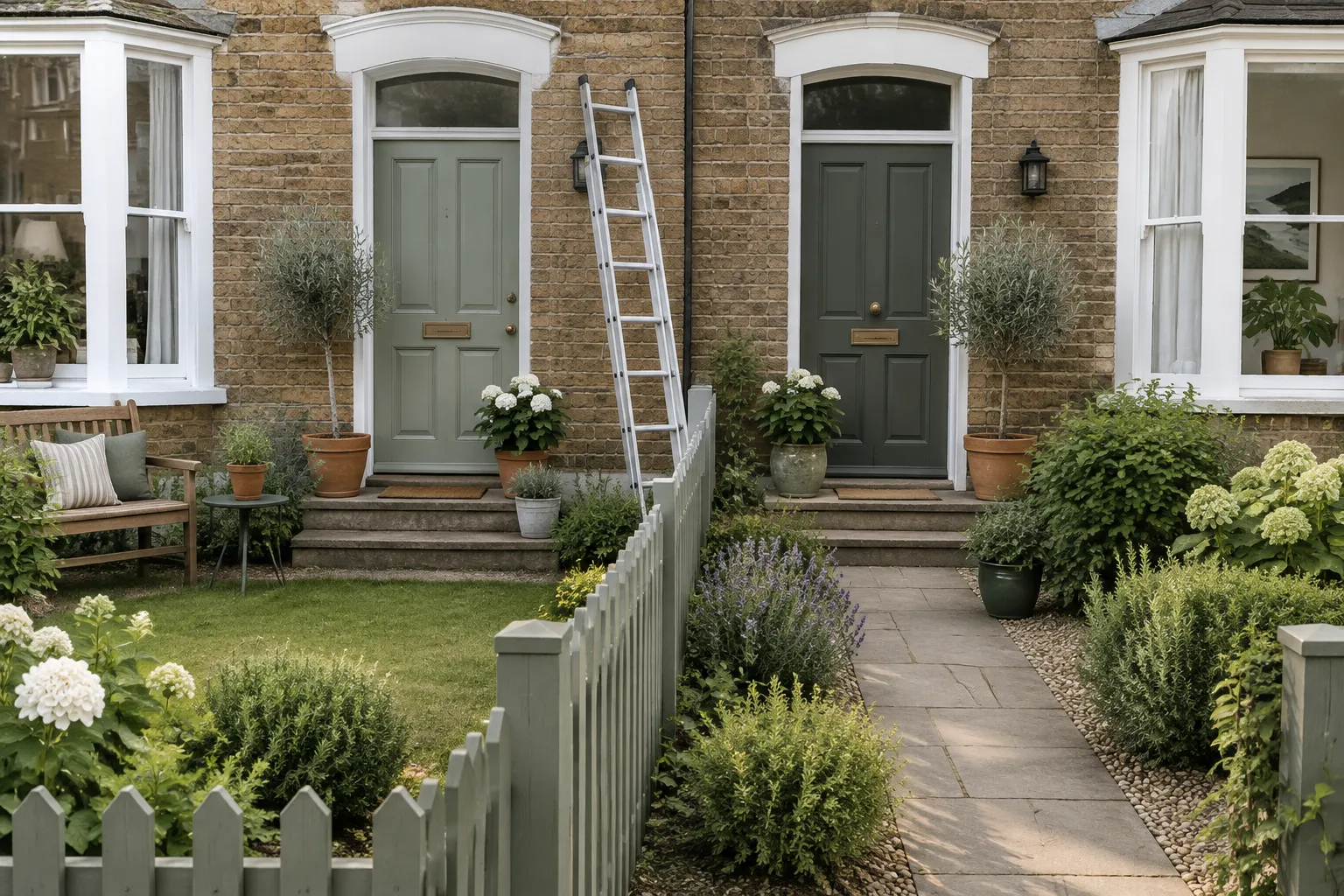 Two neighbouring front gardens divided by a low fence, a ladder leaning by one door.