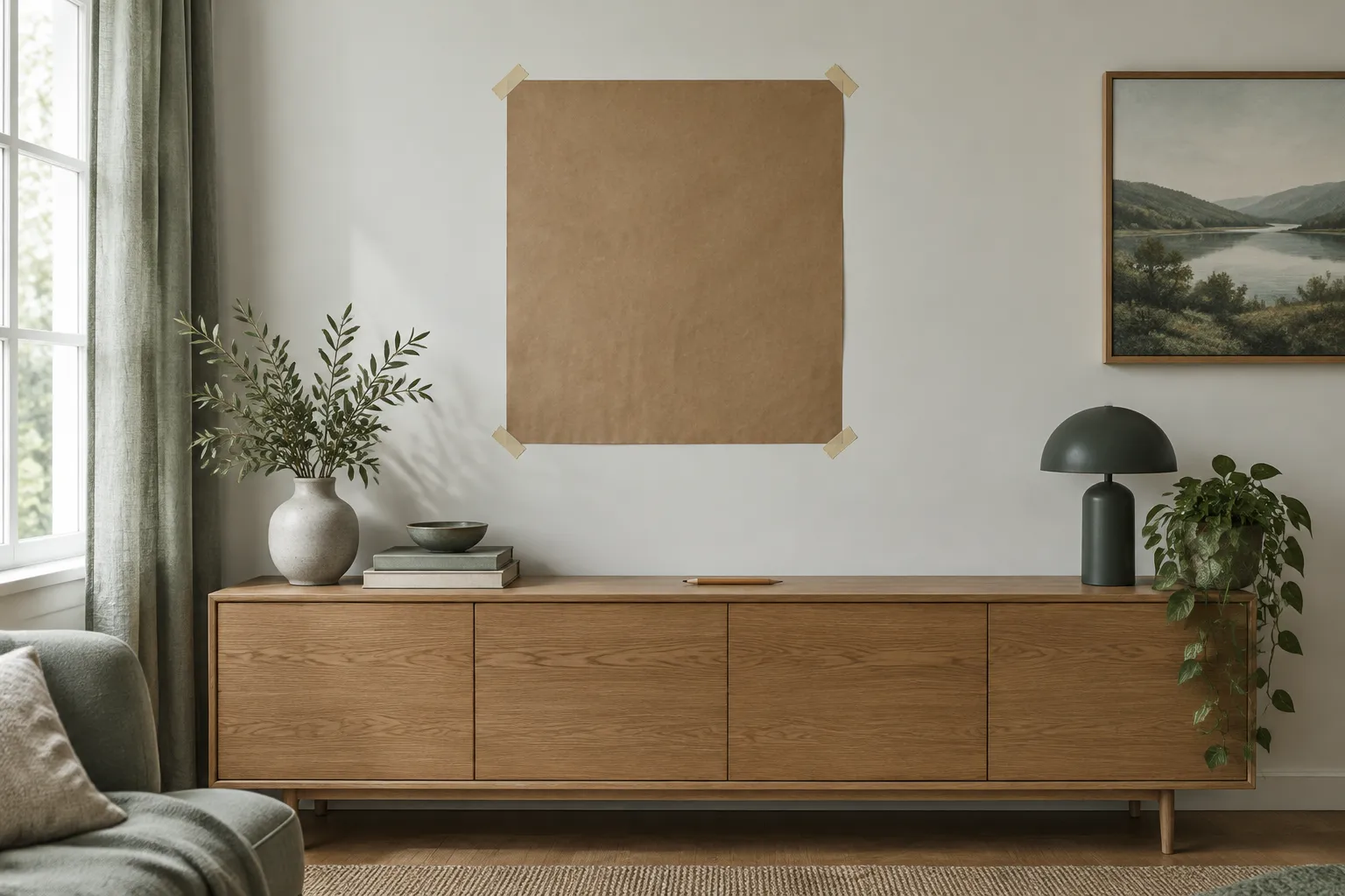 A brown paper template taped to a bare wall above a sideboard.