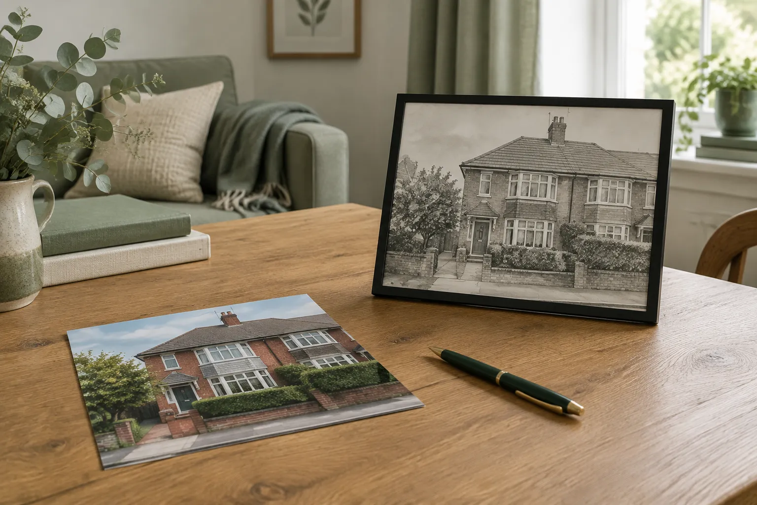 A photograph of a house front beside a framed pen and wash drawing of a similar house.