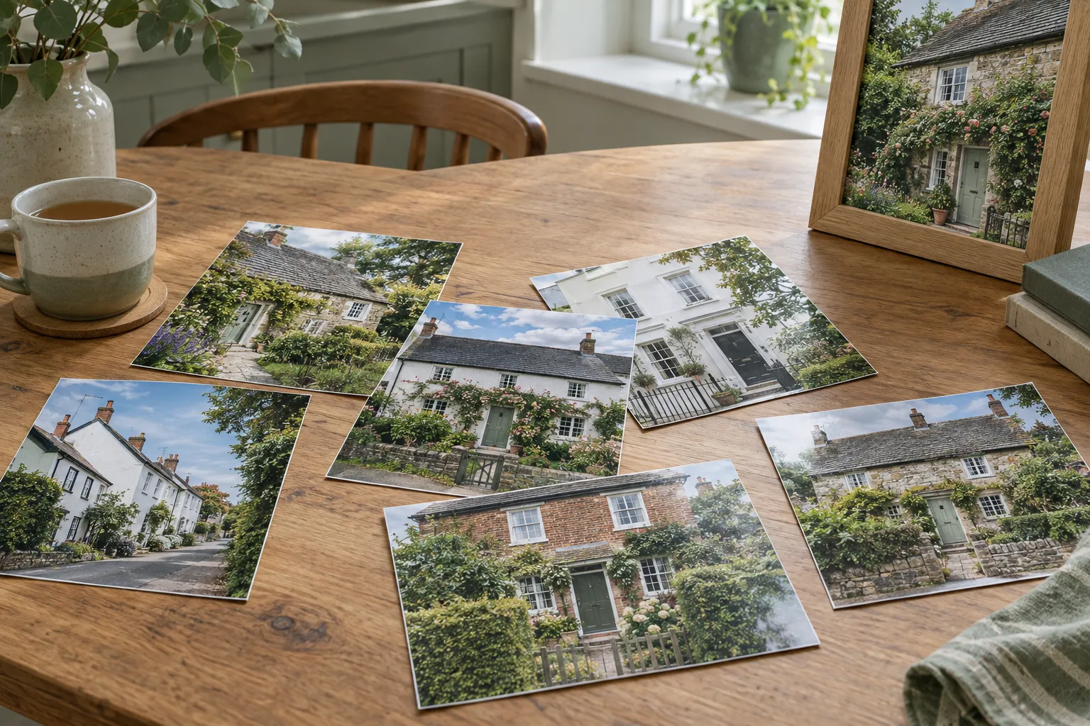 Loose photographs of house fronts spread across a kitchen table.