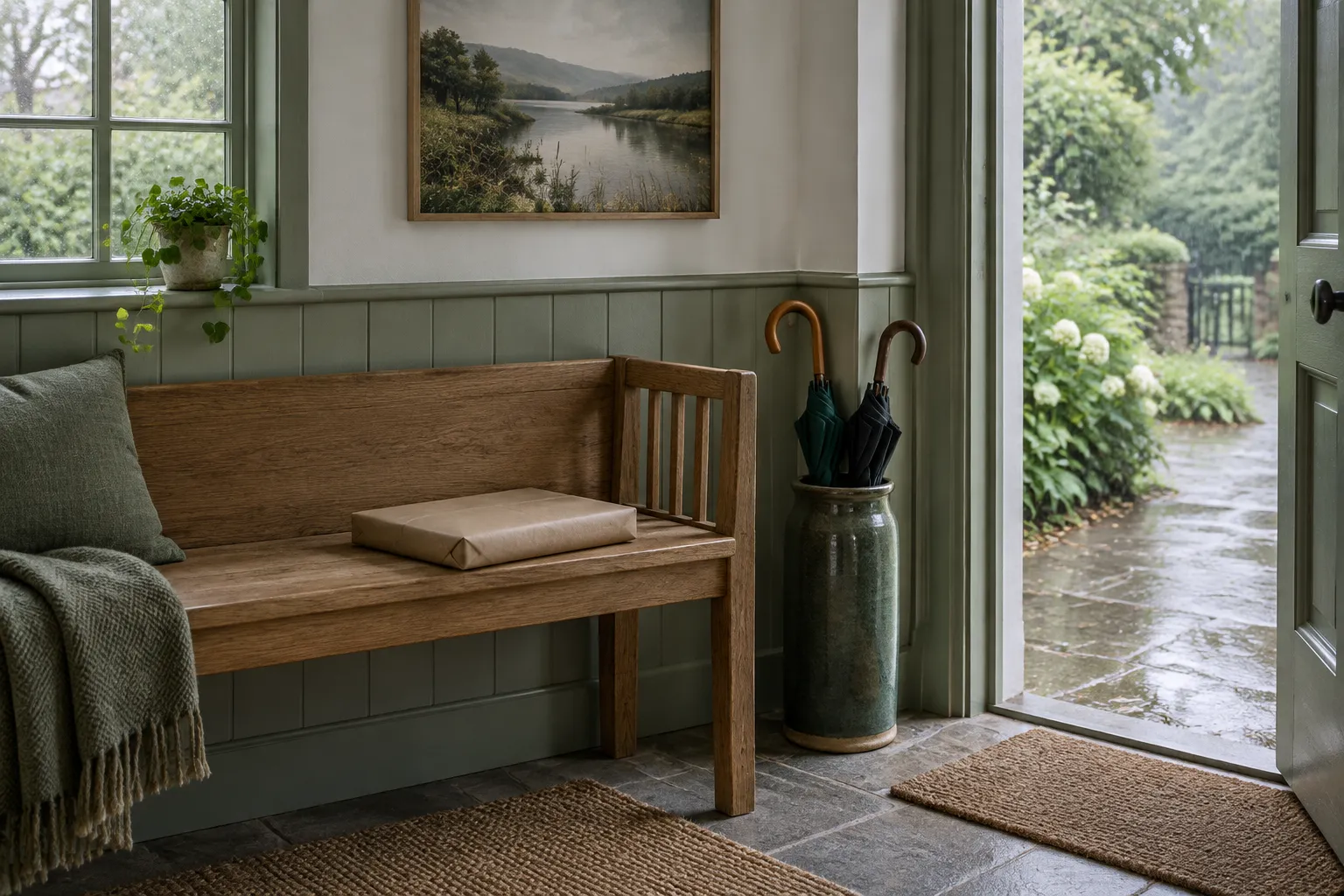 A flat brown parcel waiting on a porch bench.