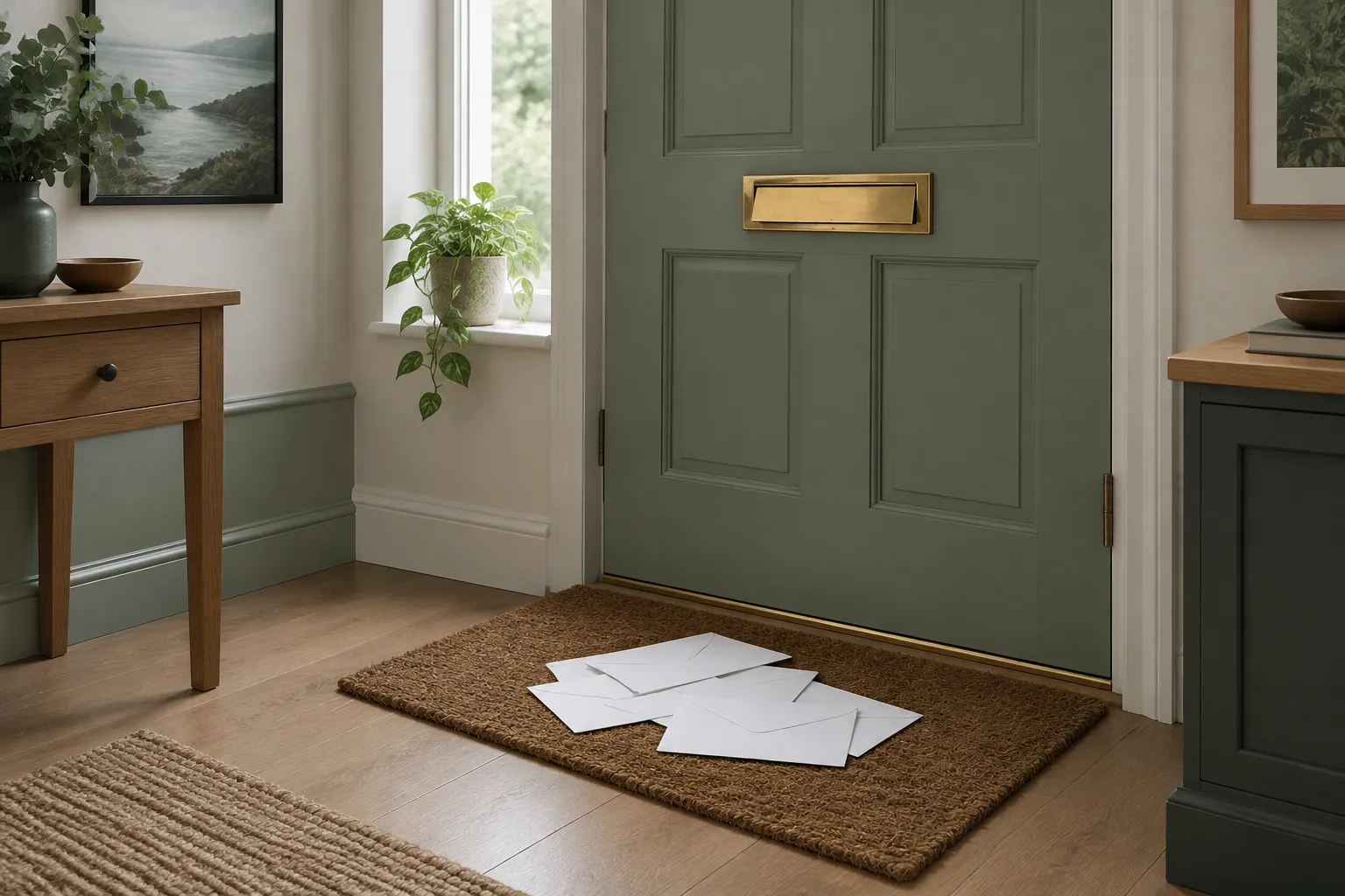 Blank envelopes on a doormat below a letterbox inside a front door.