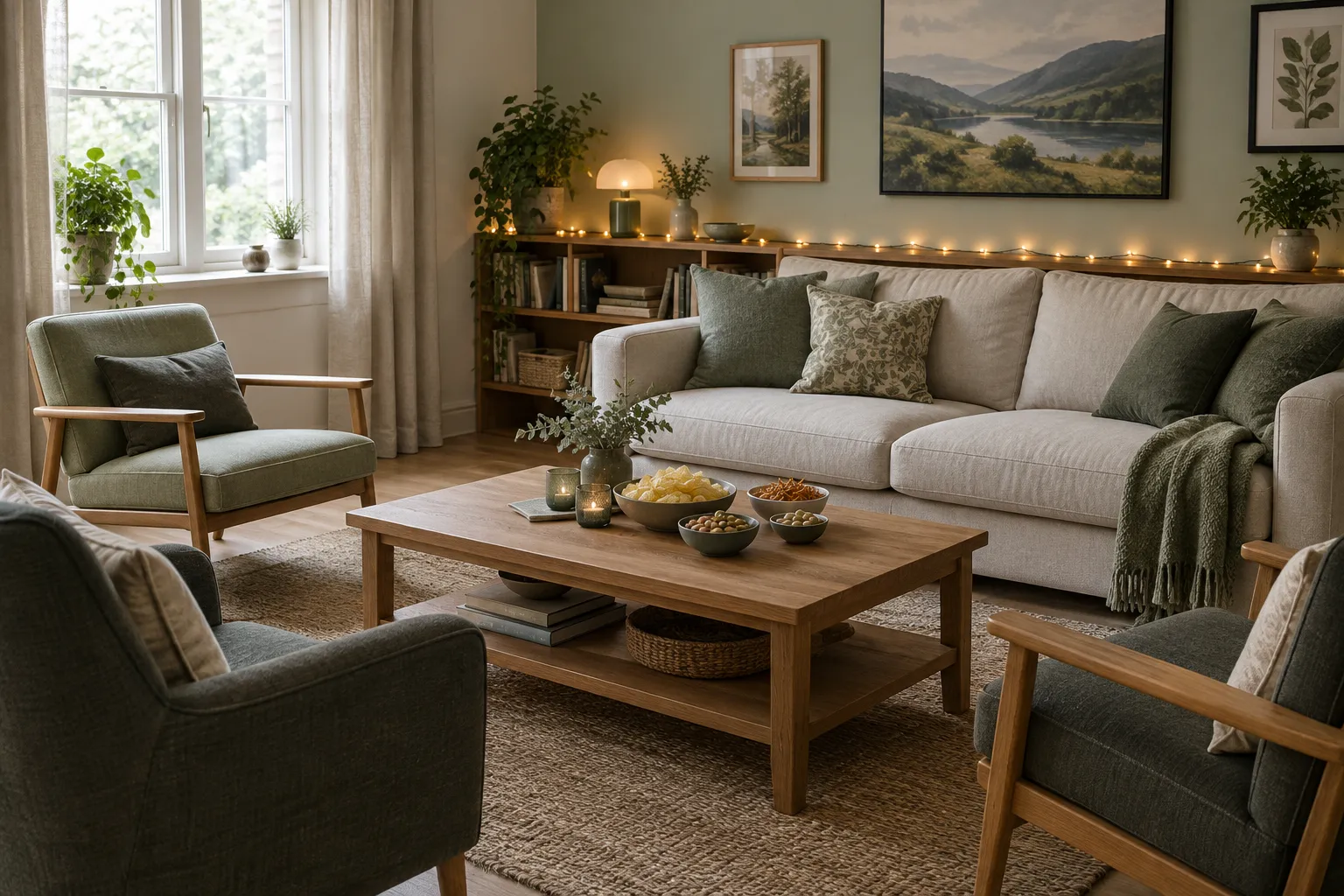 A small living room laid out for a few guests with snacks and fairy lights.