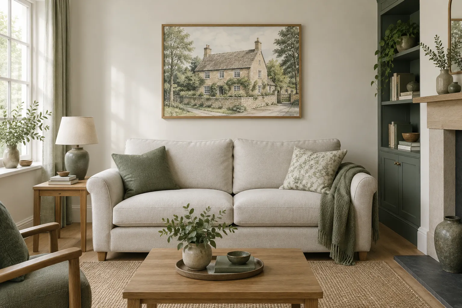 A natural wood framed house illustration above a two-seat sofa.