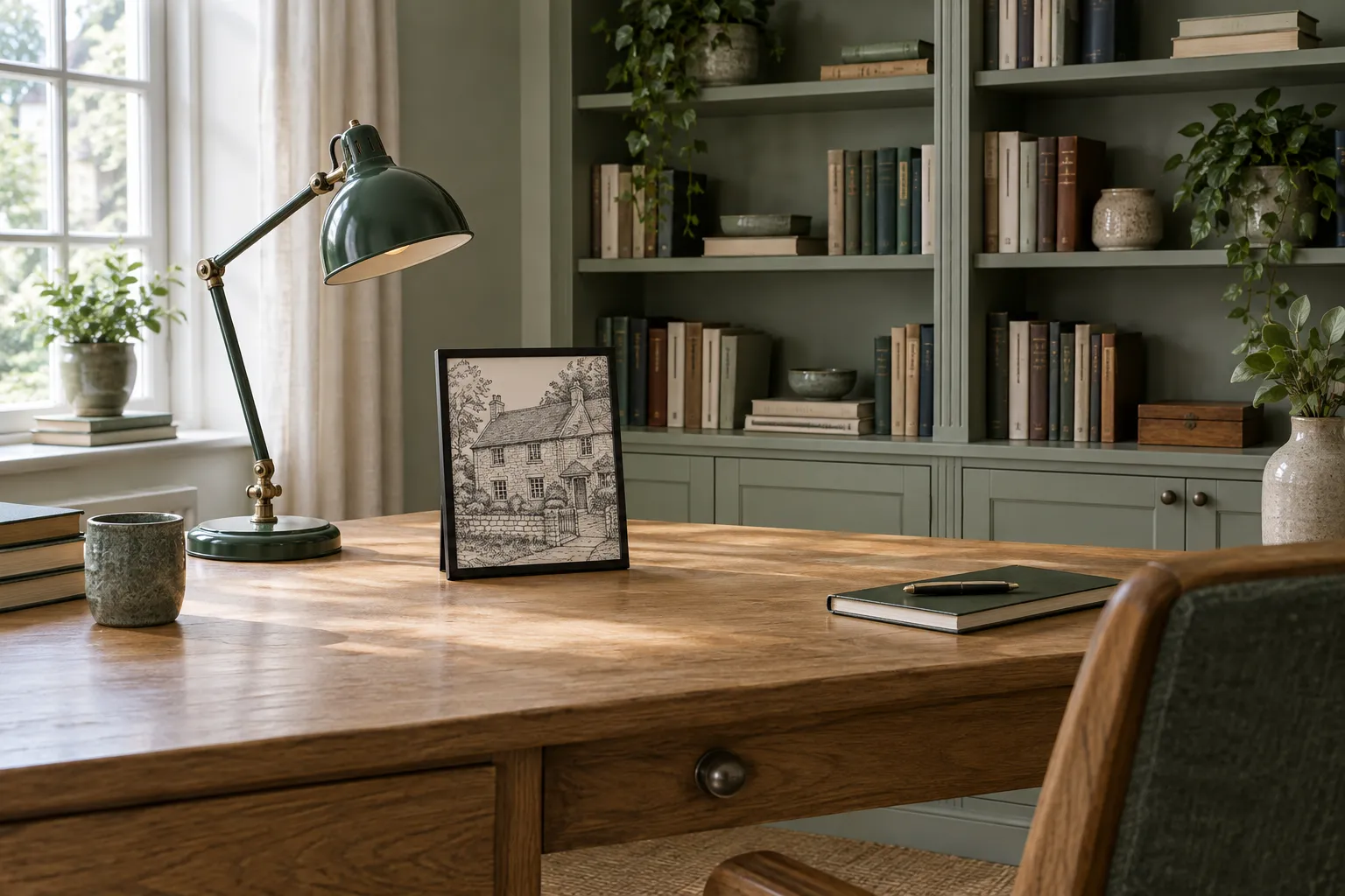 A small black framed house drawing on an oak desk in a study.
