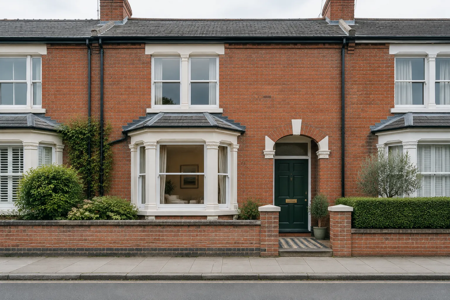 A Victorian terraced house with a bay window, seen straight on from across the road.