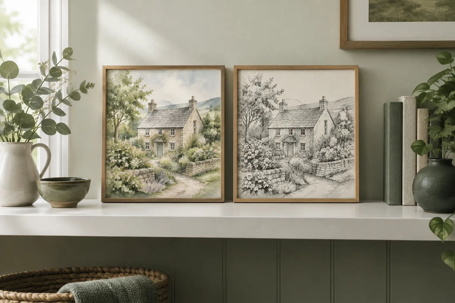 Two natural wood frames on a shelf: a watercolour and a line drawing of the same cottage.