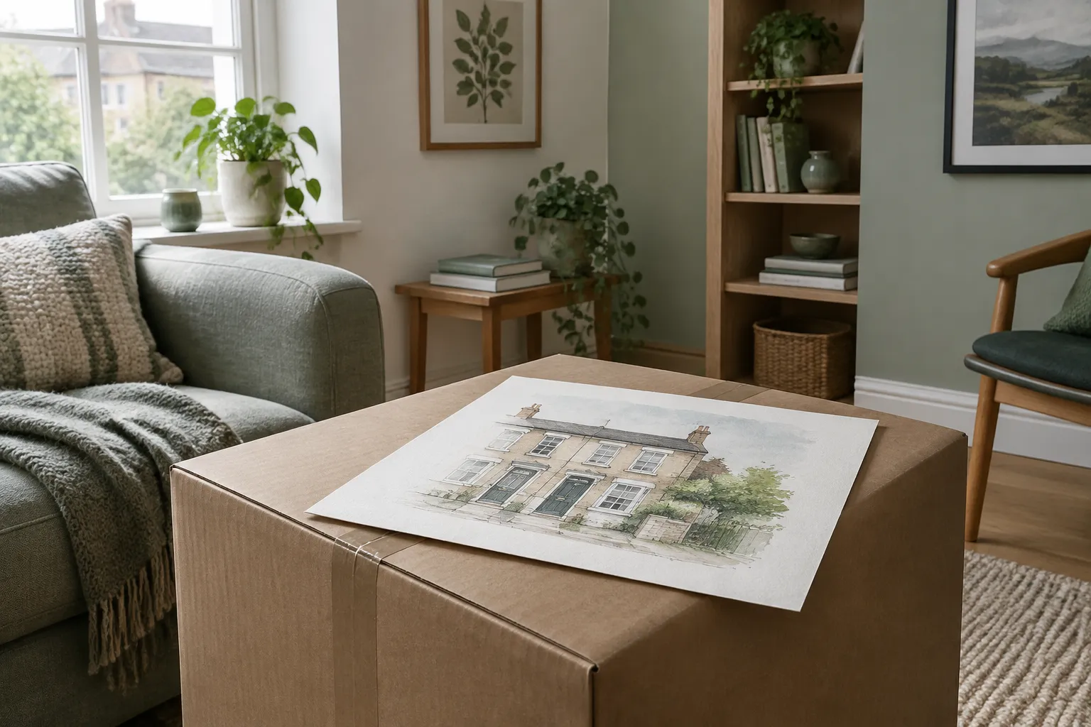 An unframed house illustration lying flat on a closed moving box.