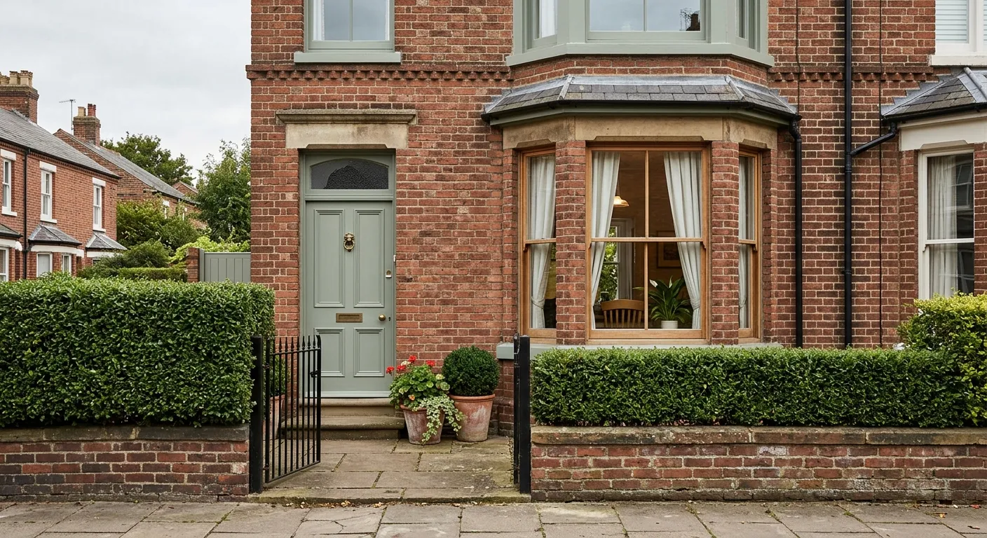 The front of one red-brick house seen from the pavement: a sage-green door with a brass knocker, a bay window with the curtains open, a clipped hedge and a low brick wall.
