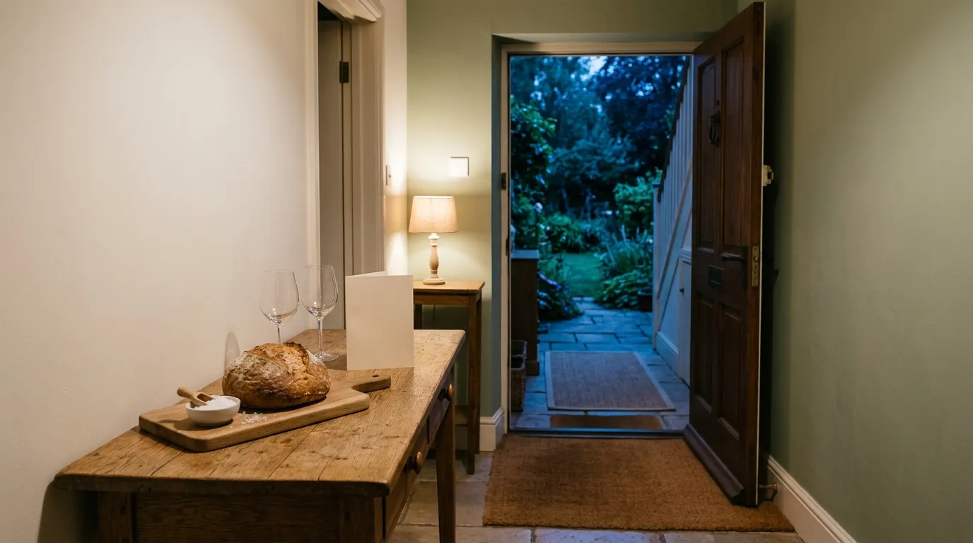 A lamplit hall table just inside an open front door, carrying a round loaf on a board, a small dish of salt, two wine glasses and one blank folded card.