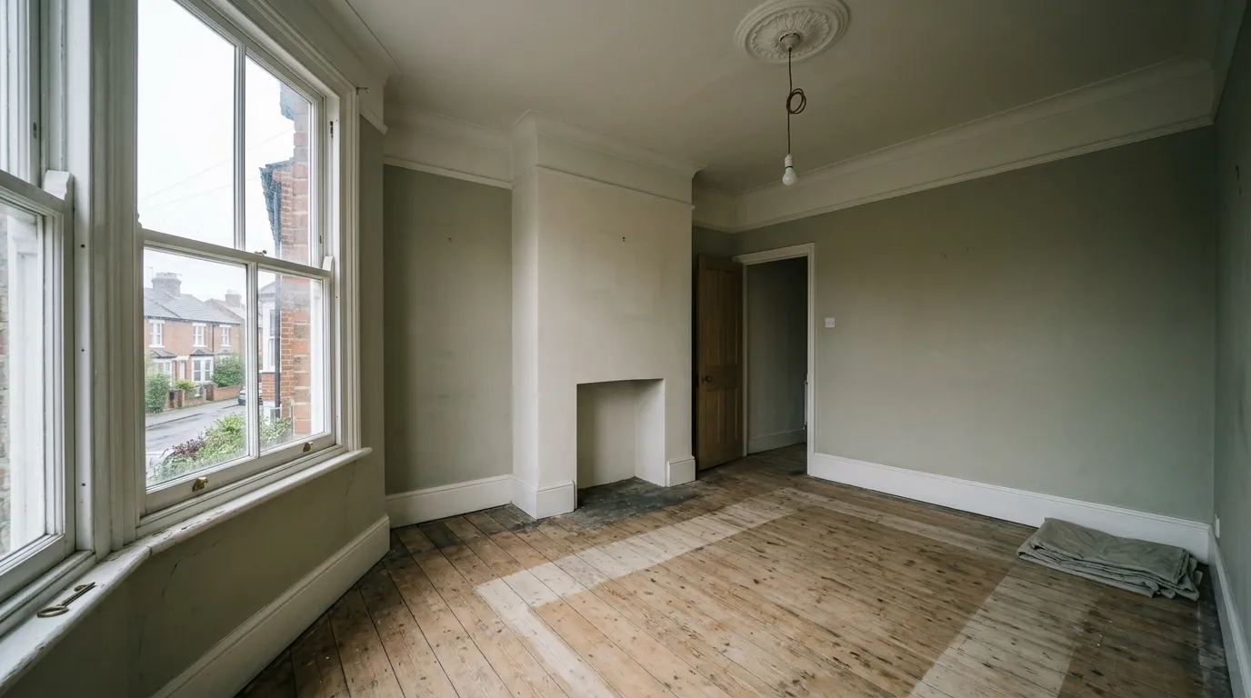 An empty front room on handover day: bare stripped floorboards, a fireplace opening, a bare bulb hanging on its flex and a folded dust sheet in the corner.