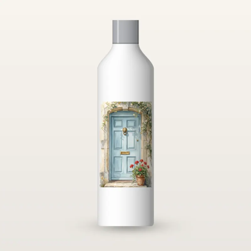 Example product picture: The Blue Front Door, a watercolour of a pale blue door framed by climbing roses, printed on a panel on the front of a white stainless steel bottle