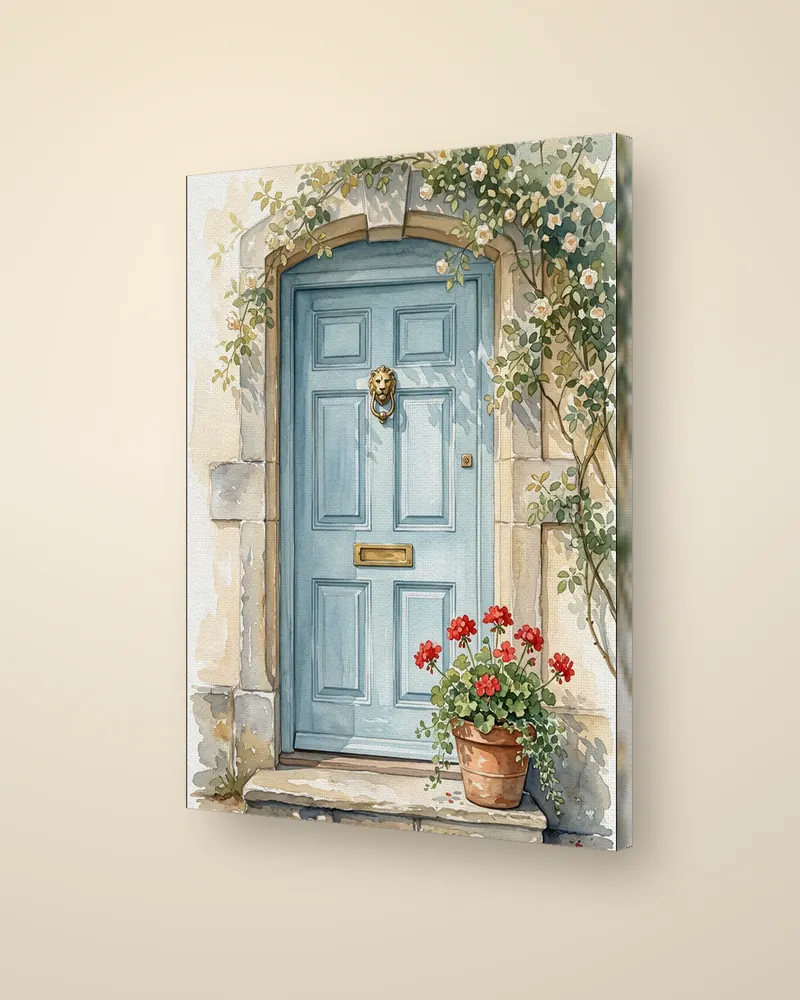 Example product picture: The Blue Front Door, a watercolour of a pale blue door framed by climbing roses, on a stretched canvas, seen at an angle