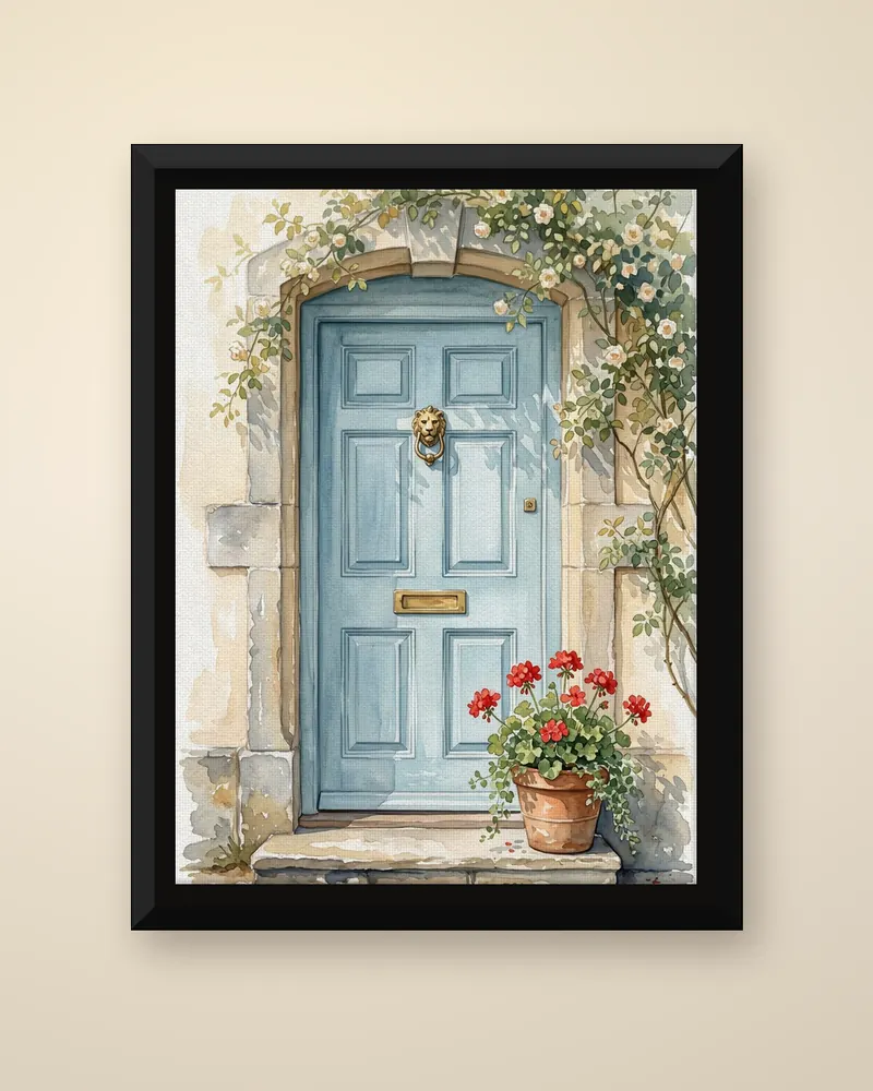 Example product picture: The Blue Front Door, a watercolour of a pale blue door framed by climbing roses, on a canvas set inside a black frame