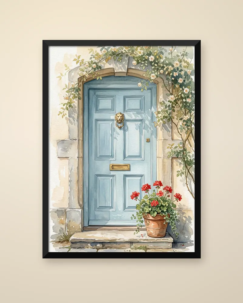 Example product picture: The Blue Front Door, a watercolour of a pale blue door framed by climbing roses, printed and framed in a black frame
