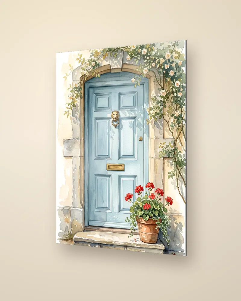 Example product picture: The Blue Front Door, a watercolour of a pale blue door framed by climbing roses, printed edge to edge on a frameless metal panel