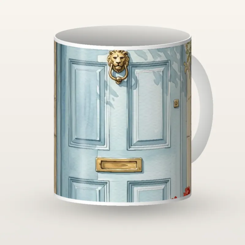 Example product picture: The Blue Front Door, a watercolour of a pale blue door framed by climbing roses, printed round the body of a white ceramic mug
