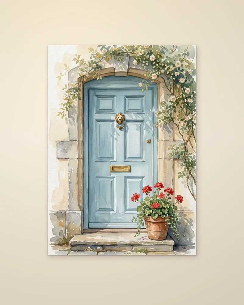Example product picture: The Blue Front Door, a watercolour of a pale blue door framed by climbing roses, on an unframed paper print